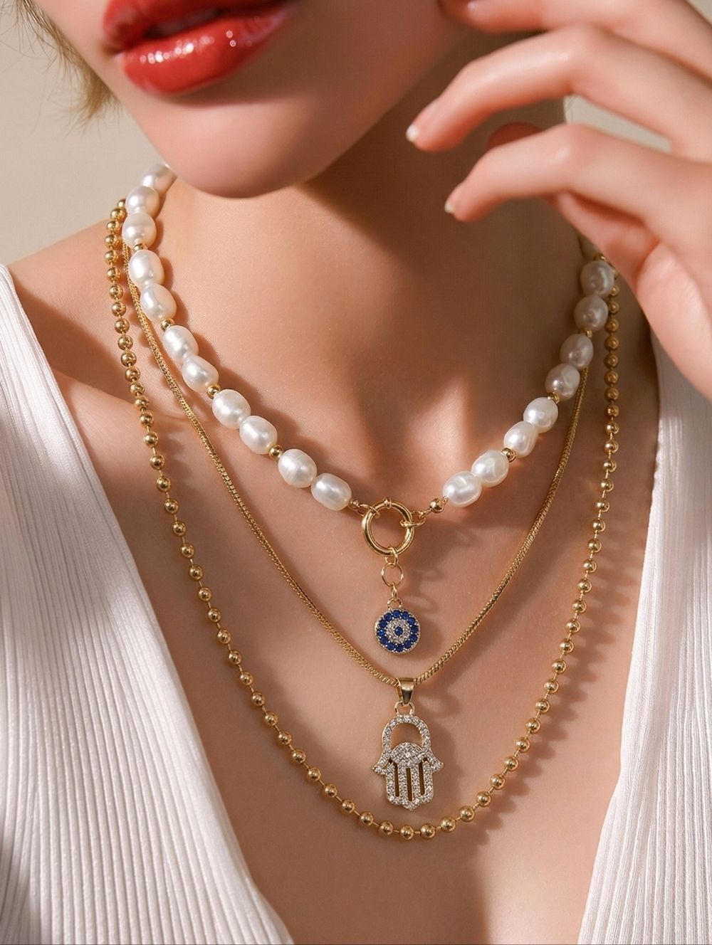 Gold Layered Evil Eye Pendant Necklace Rhinestone Pearl Boho Triple Layer Set